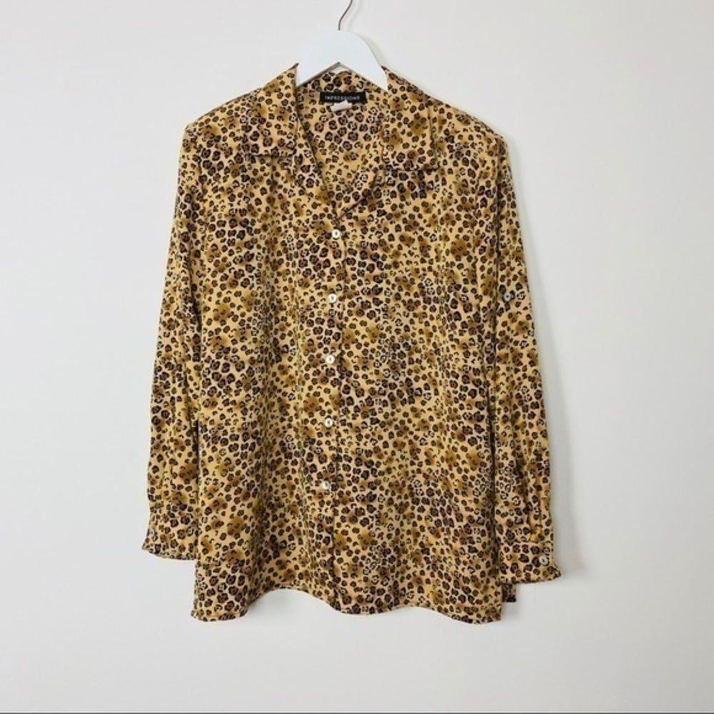 Impressions Cheetah Animal Print Long Sleeve Brown Tan Blouse Size  Large